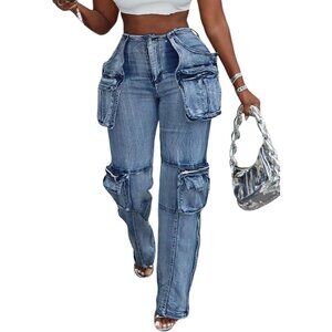 Women's High Waist Denim Jeans Polyester Blend Multi Pockets Casual Chic